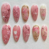WBRRFJJ pink flower press-on nails medium almond for quick salon-quality manicure at home.