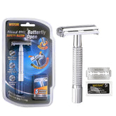 WEISHI butterfly open double edge razor with chrome finish for a smooth, controlled shave