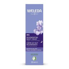 Weleda Iris Hydrating Night Cream box and jar packaging highlights natural, plant-based care.