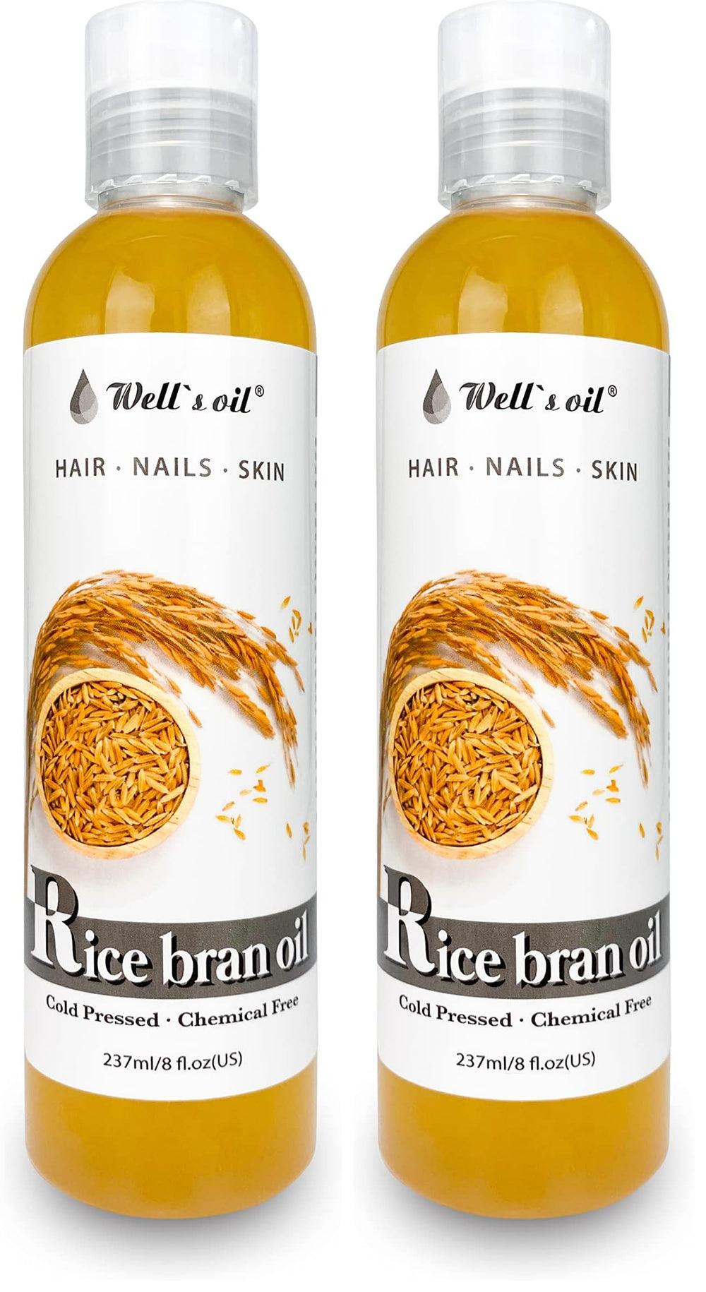 Well's Oil Rice Bran Oil bottle shows pure carrier oil for face, body, and hair.
