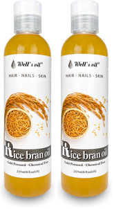Well's Oil Rice Bran Oil bottle shows pure carrier oil for face, body, and hair.