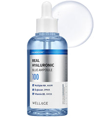 Wellage Real Hyaluronic Blue Ampoule bottle front shows hydration benefits.