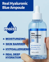 Wellage Real Hyaluronic Blue Ampoule dropper in use for smooth application.