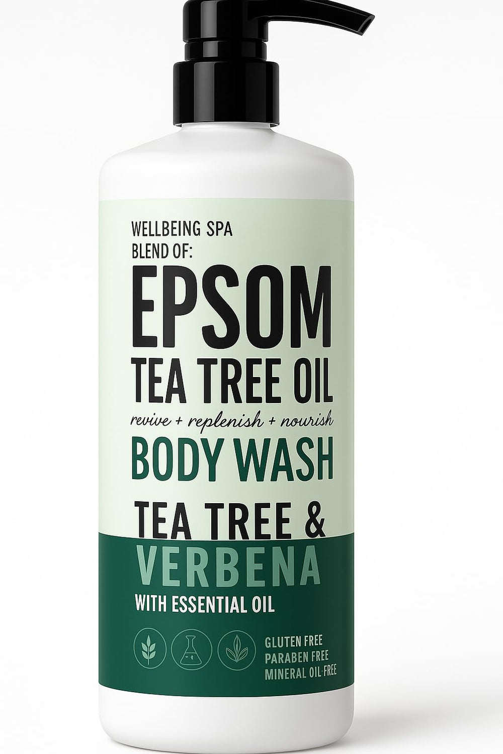 Wellbeing Spa Epsom Tea Tree Oil Body Wash bottle for a refreshing, invigorating cleanse.
