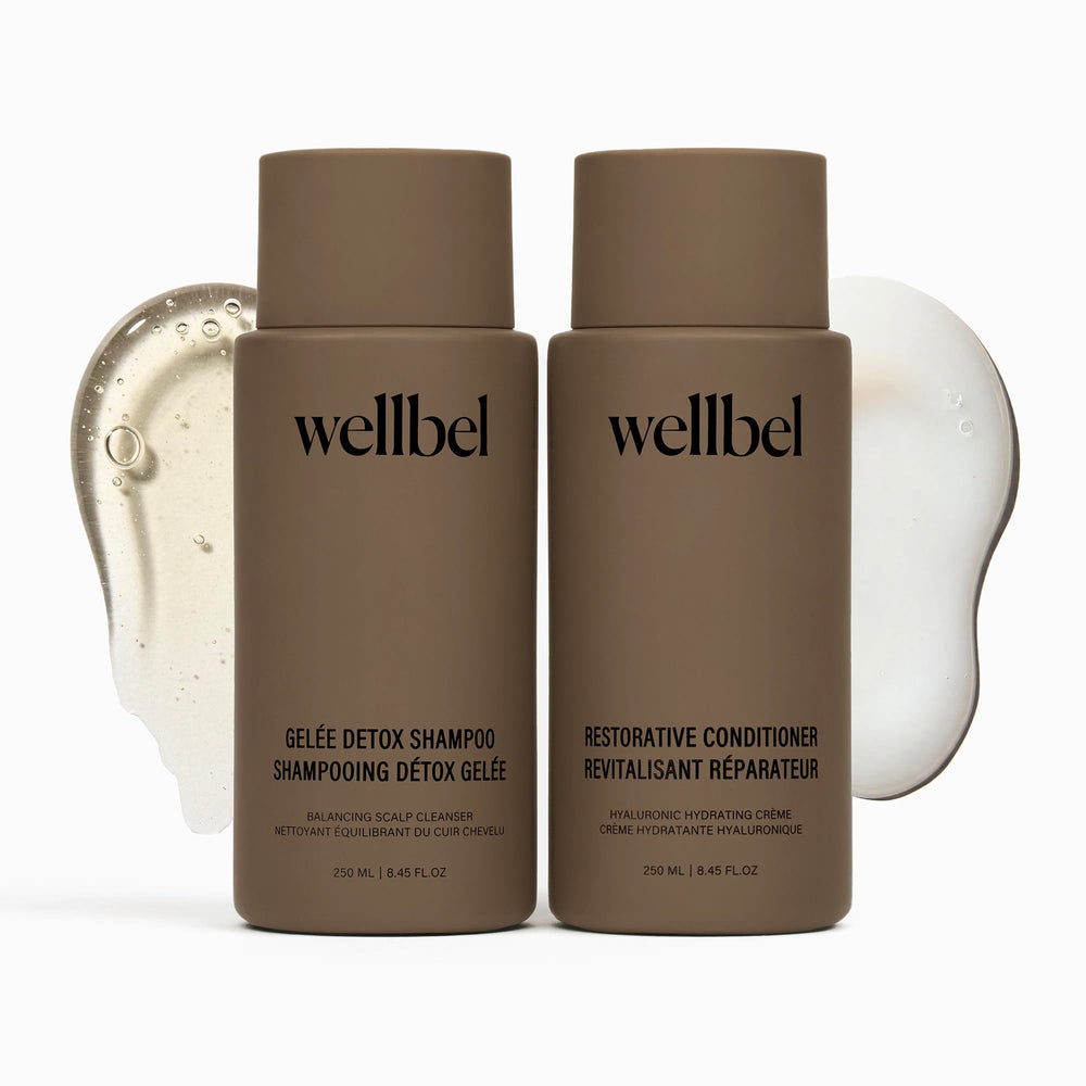 WELLBEL Detox + Restore shampoo bottle showing the 2-step system for scalp refreshment