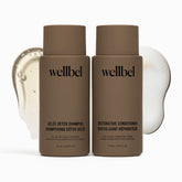 WELLBEL Detox + Restore shampoo bottle showing the 2-step system for scalp refreshment