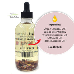 Wellos rose blend ingredients display for nourishing skin and hair