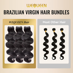 WEQUEEN bundles body wave 16A Brazilian hair true length and weight display.