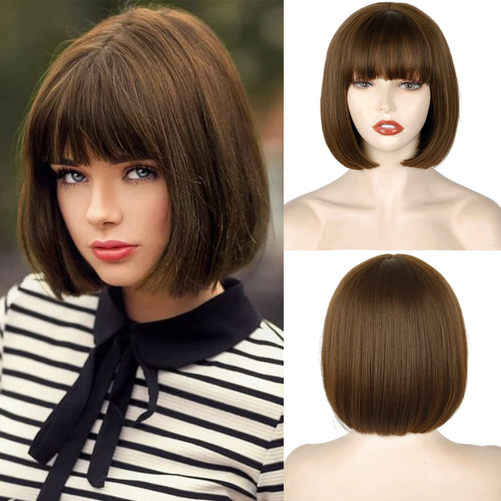 WERD short brown bob wig with bangs 10-inch, ideal for daily wear and cosplay