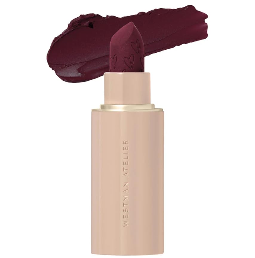 Westman Atelier Lip Suede Lou Lou swatch shows vibrant, long-lasting color.