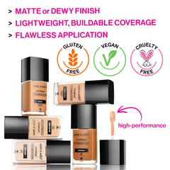 Wet n Wild Photo Focus Matte Liquid Foundation Amber Beige light-diffusing formula smooths texture.