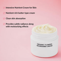 Whamisa Organic Flowers Nourishing Cream swirl on skin shows deep hydration