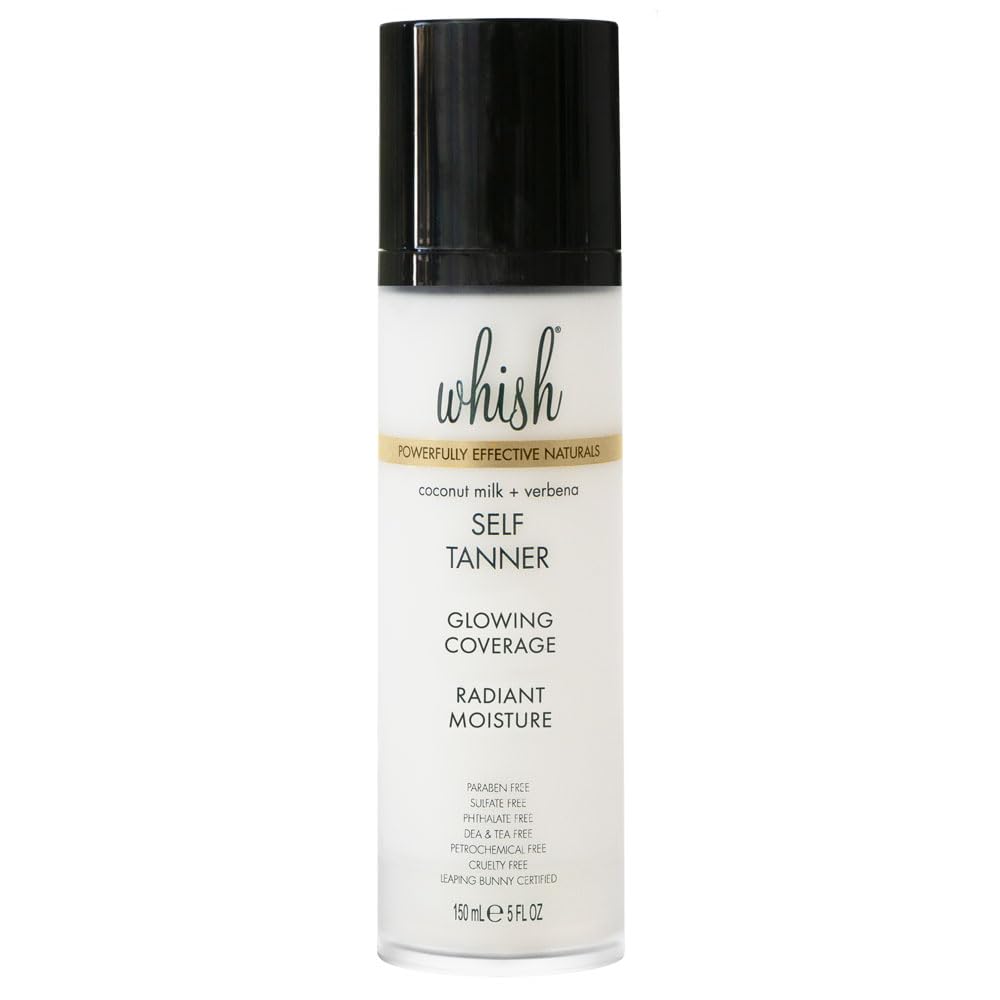Whish Coconut Milk & Verbena Self Tanner bottle in hand for easy application.