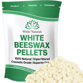 White Naturals beeswax pellets 1 lb packaging, perfect for DIY cosmetics and crafts.