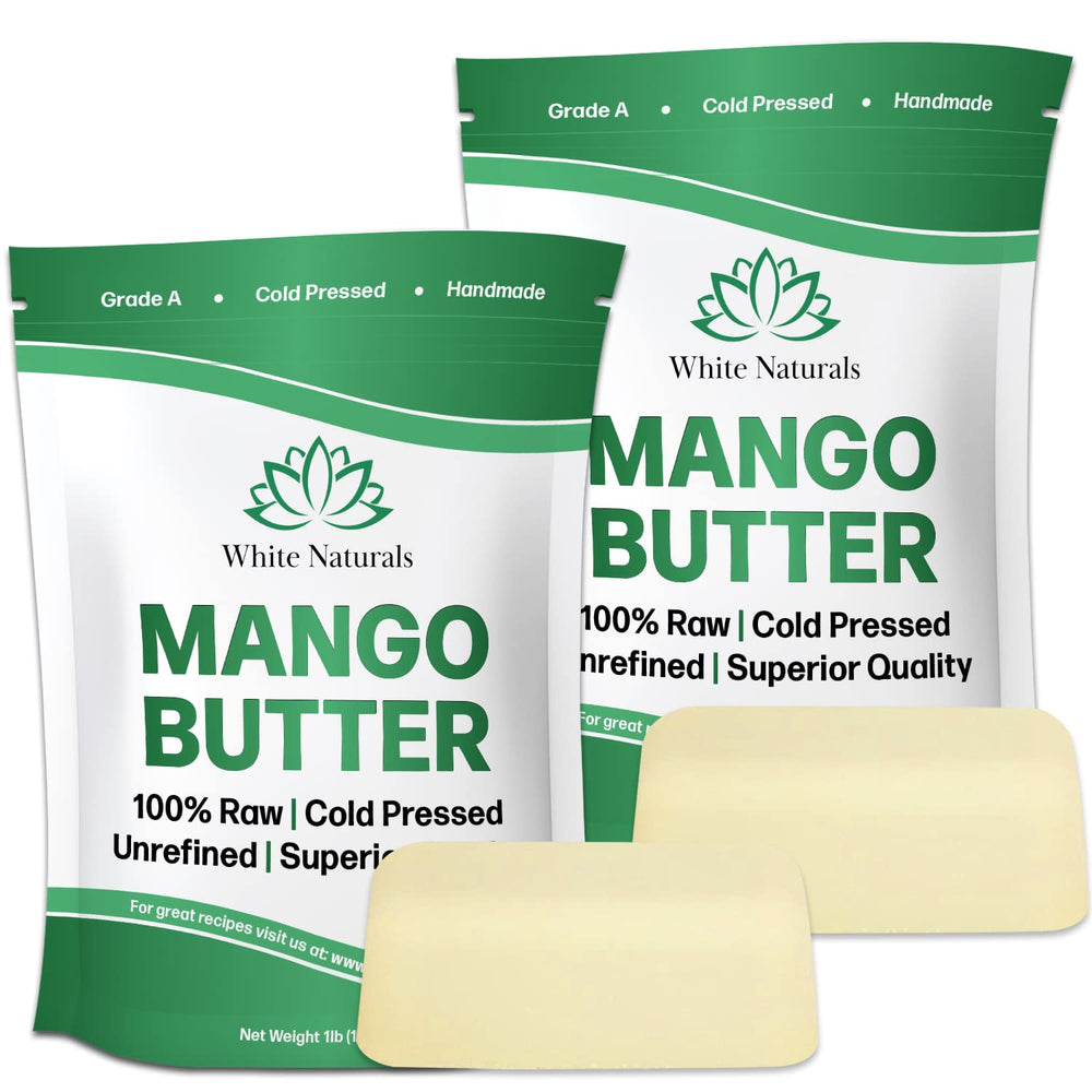 White Naturals mango butter packaging highlights bulk 2 lb option for storage and value.