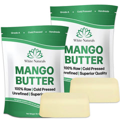White Naturals mango butter packaging highlights bulk 2 lb option for storage and value.