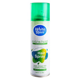 White Rain Hairspray Extra Hold unscented bottle closeup with fragrance-free, long-lasting hold.