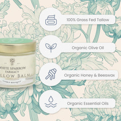 White Sparrow Farmacy ingredient panel highlights tallow and soothing oils.