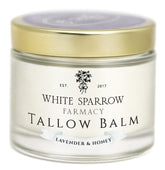 White Sparrow Farmacy Lavender and Honey Tallow Balm jar with calming aroma and soothing texture