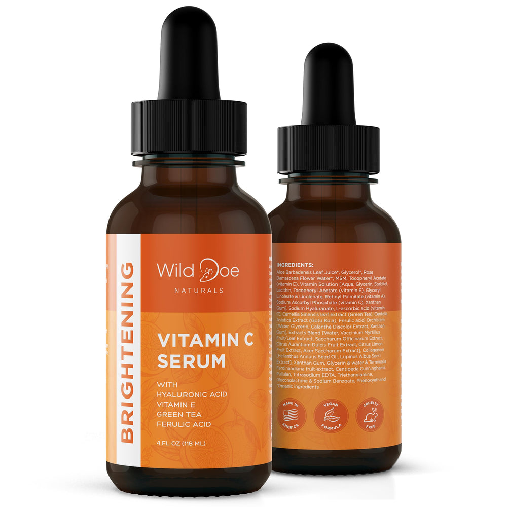 Wild Doe Naturals Vitamin C Serum bottle closeup showing a hydrating formula.
