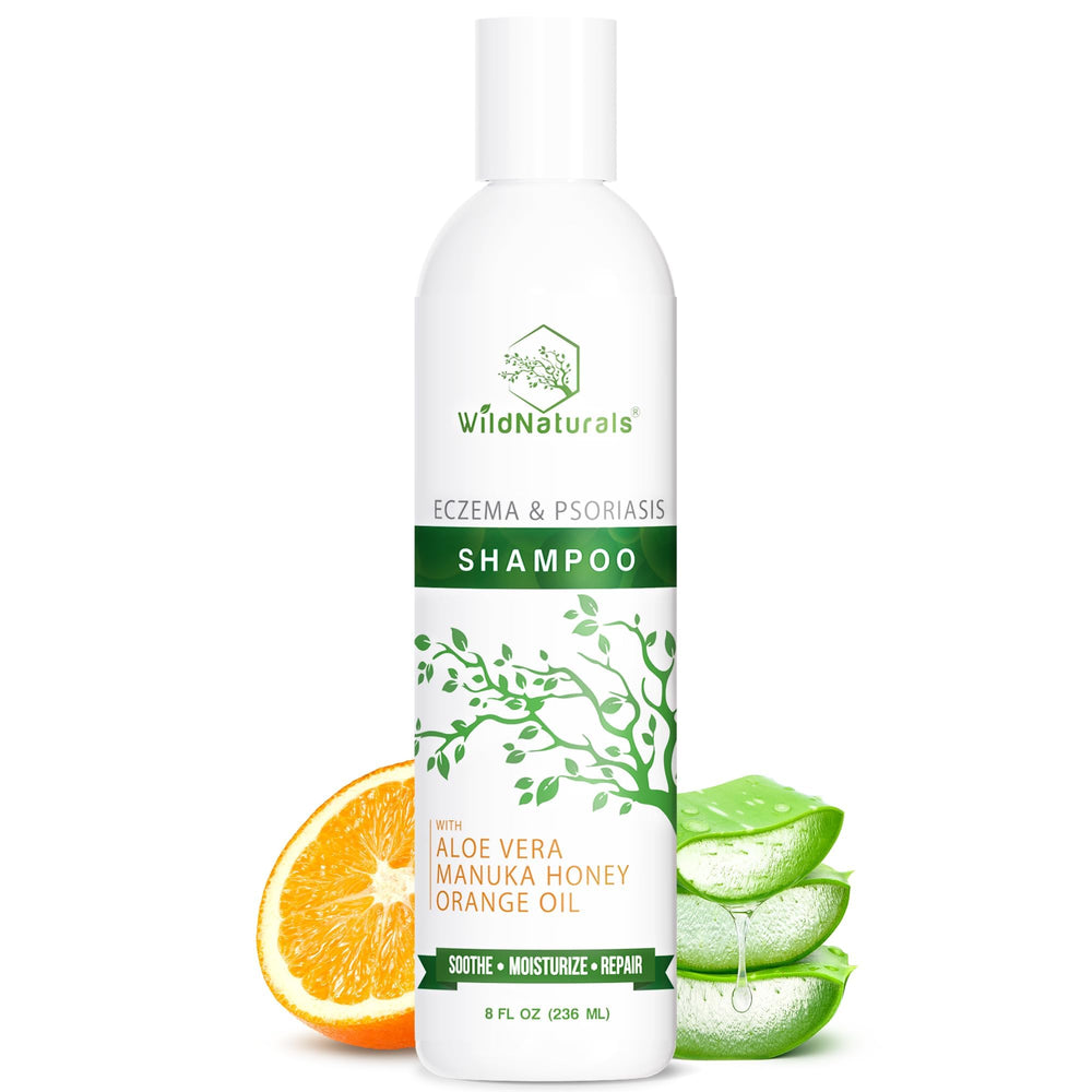 Wild Naturals eczema shampoo bottle front showing fragrance-free formula for sensitive scalps