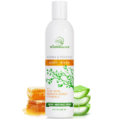Wild Naturals eczema body wash bottle showing hydration benefits for dry skin