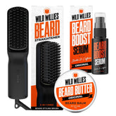 Wild Willies beard care kit heated-straightener gliding through beard for smooth styling