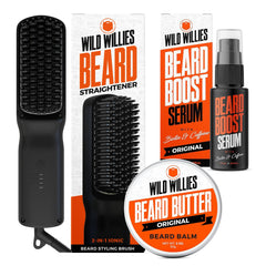 Wild Willies beard care kit heated-straightener gliding through beard for smooth styling