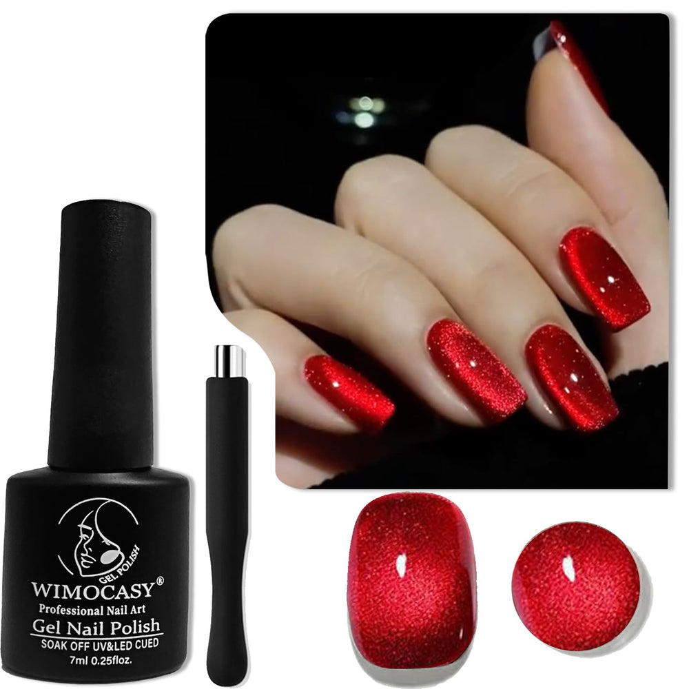 Wimocasy cat-eye gel polish Ruby Red bottle, showcasing vibrant holographic color.