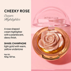 Winky Lux Cheeky Rose Highlighter showing champagne pearlescent glow on skin