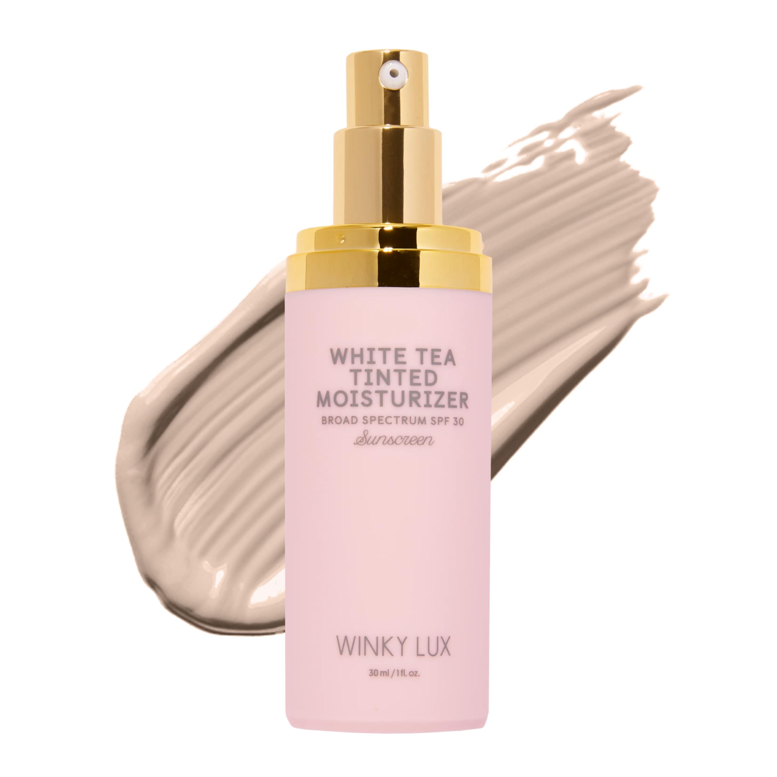 Winky Lux White Tea tinted moisturizer SPF 30 bottle close-up for lightweight sun protection