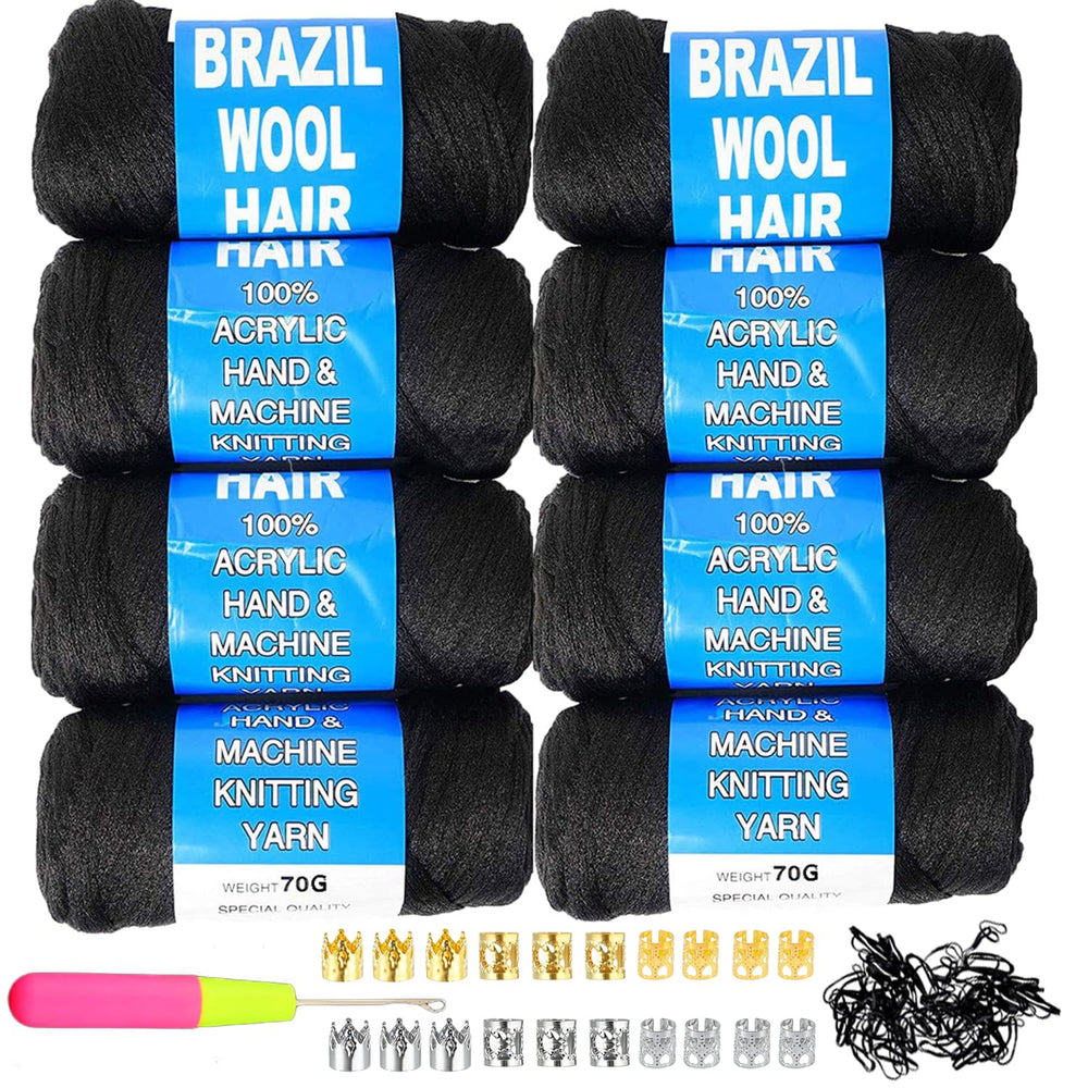 WiZiWi Brazilian Wool Hair 8-Pack closeup shows natural black yarn ready for braids.