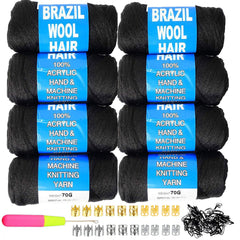 WiZiWi Brazilian Wool Hair 8-Pack closeup shows natural black yarn ready for braids.