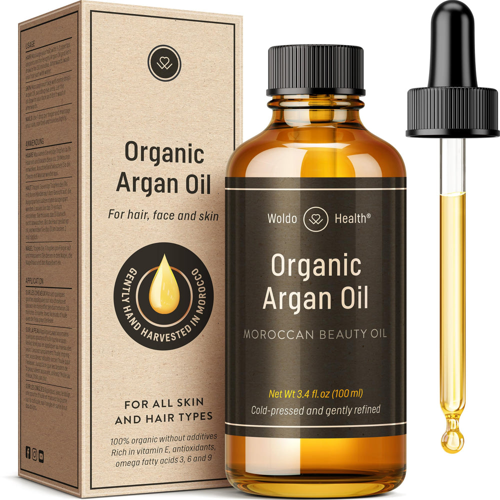 WoldoHealth Argan Oil bottle with pipette for precise daily nourishment of hair and skin.