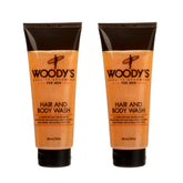 Woody's 2-in-1 wash bottle demonstrates a refreshing masculine cleanse for hair and skin.