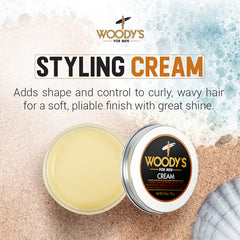 Woody's Styling Cream on damp hair defines curls without heaviness