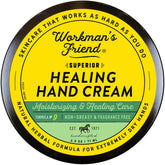 WORKMAN'S FRIEND Healing Hand Cream bottle close-up showing deep moisturizing for dry hands.