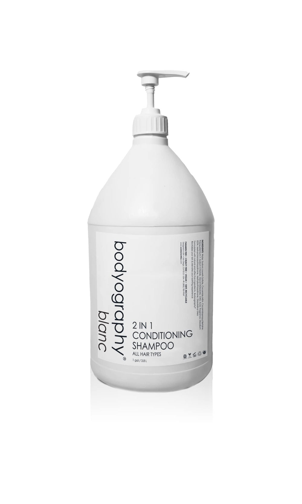 World Amenities Bodyography Blanc 2-in-1 shampoo bottle for smooth, frizz-free hair on the go.
