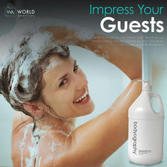 World Amenities Bodyography Blanc Shampoo label closeup highlights premium ingredients and clean hotel-grade design.