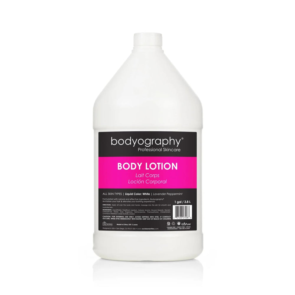 World Amenities Bodyography bottle pour showing spa-grade lotion for professional hydration