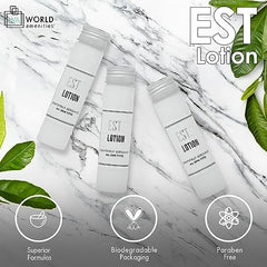 World Amenities lotion packaging highlights eco-friendly bottle for responsible hospitality.