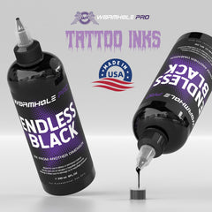 WORMHOLEPRO Endless Black label closeup highlights jet-black pigment for crisp shading.