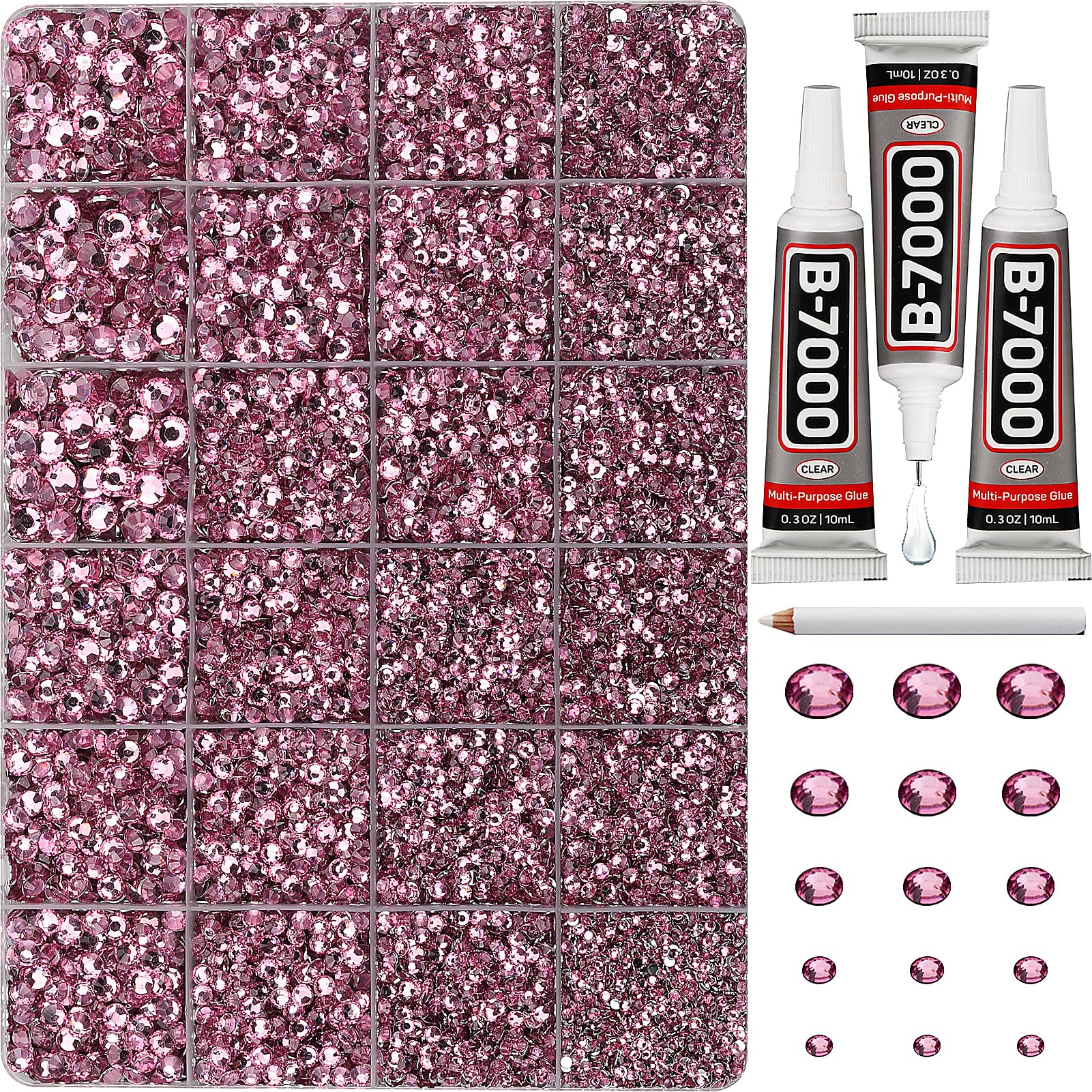 Worthofbest pink rhinestones in a 24-grid pack for easy DIY embellishments.