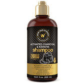 WOW Skin Science activated charcoal keratin shampoo bottle demonstrates purifying power for hair health.