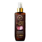 WOW Skin Science Onion Black Seed Hair Oil bottle closeup showing nourishing shine benefits