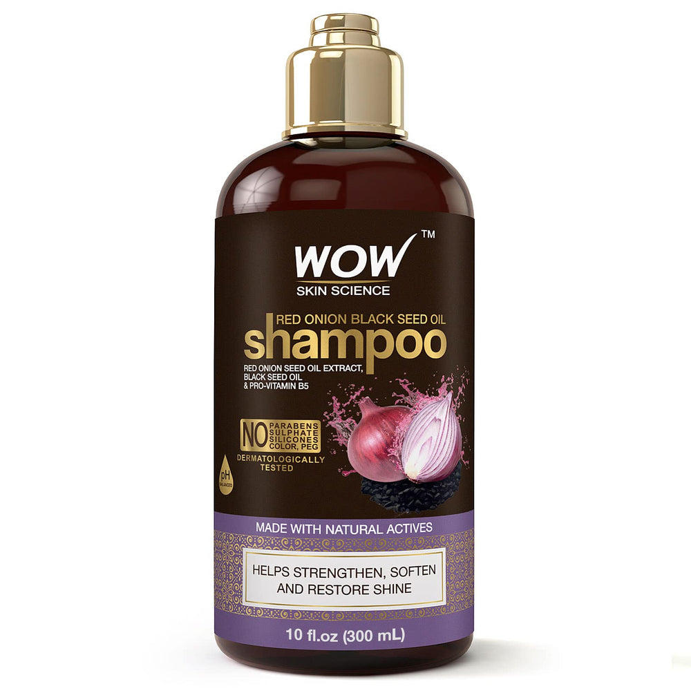 WOW Skin Science Red Onion Black Seed Oil Shampoo bottle promotes gloss and hydration.