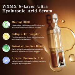 WXMX Ultra Hyaluronic Acid Serum 8-forms diagram illustrating multi-layer hydration.
