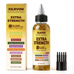 XILRVON Herbal Hair Growth Oil bottle shows premium blend for fuller-looking hair.