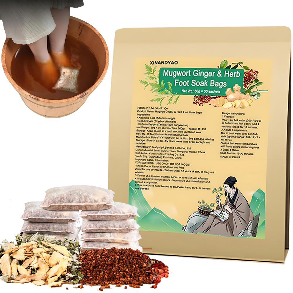 XINANDYAO Mugwort Ginger Foot Soak Bags in a calming home spa setup.