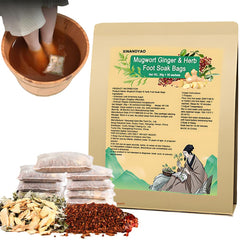 XINANDYAO Mugwort Ginger Foot Soak Bags in a calming home spa setup.